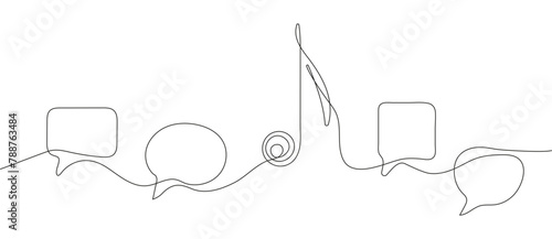 Musical note with bubble speech in continuous line style.