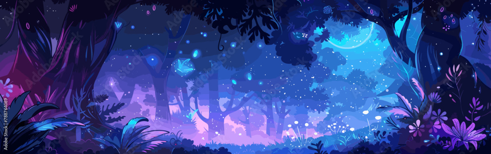 Copy space background magical forest at night vector cartoon illustration