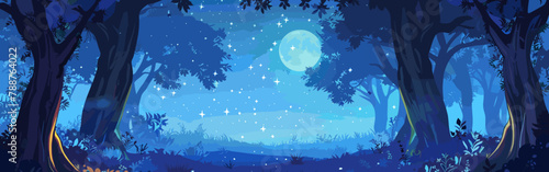 Copy space background magical forest at night vector cartoon illustration