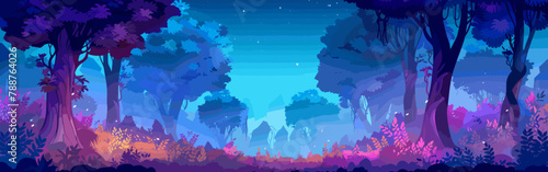 Copy space background magical forest at night vector cartoon illustration