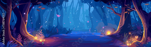 Copy space background magical forest at night vector cartoon illustration