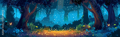 Copy space background magical forest at night vector cartoon illustration