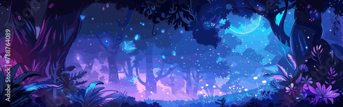 Copy space background magical forest at night vector cartoon illustration