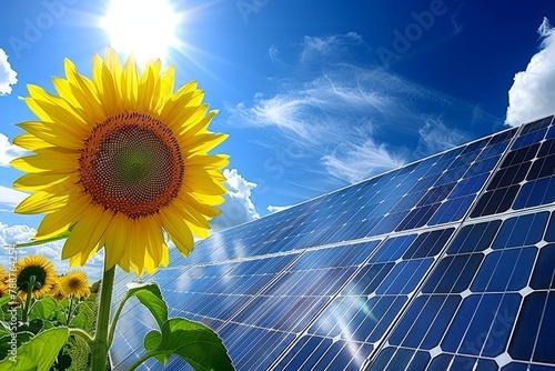 A Bright Sunflower Overlooking Solar Panels at Sunset  Representing the Harmony Between Agriculture and Renewable Energy Technology  Generative AI