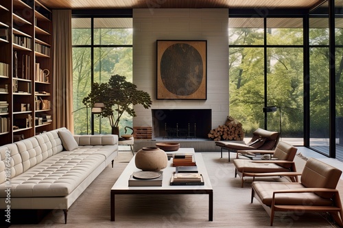 Zen Living Room with Leather Furniture and Fireplace  White Leather Sofa with Wall Art