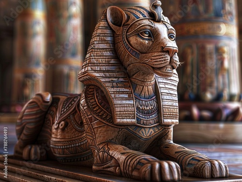 Bring to life the protective aura of a fierce sphinx standing guard at the entrance of an ancient temple  portrayed in detailed clay sculpture capturing every intricate feature and symbol of wisdom