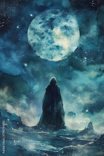 Craft a mesmerizing scene of a mysterious cloaked figure casting dark enchantments under a moonlit sky, utilizing watercolor for a hauntingly beautiful effect , 2D Creative fantasy illustate
