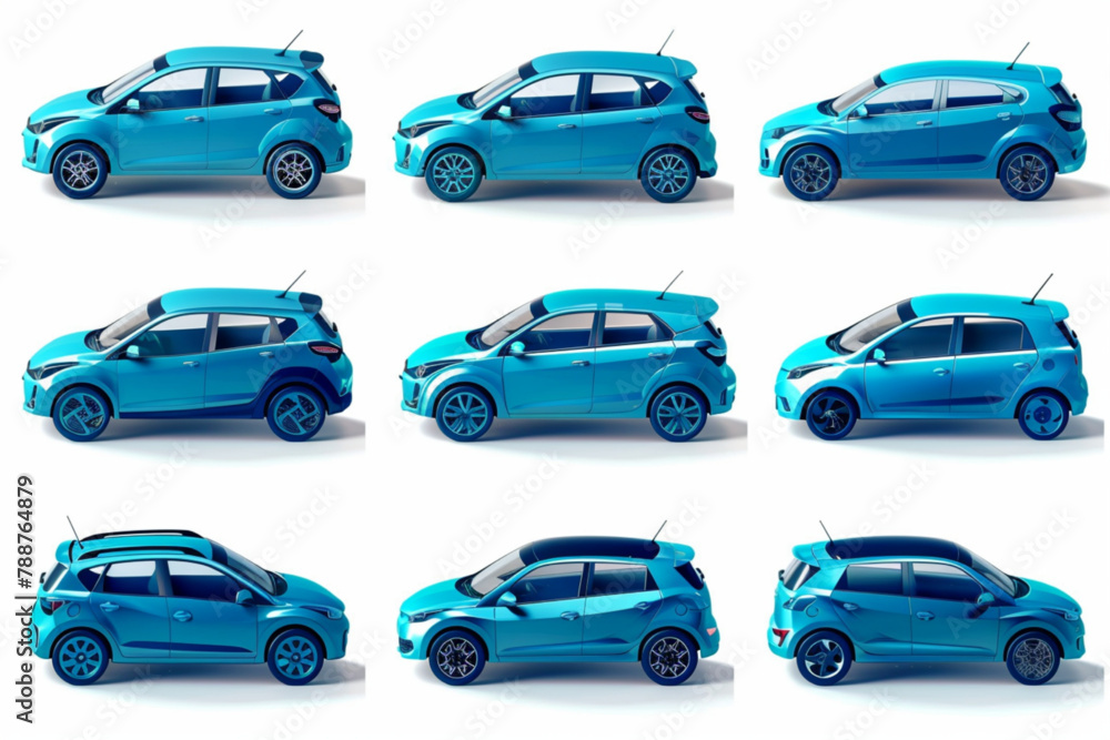 Blue city car in different types on a white background. Family hatchback 3D avatars set vector icon, white background, black colour icon