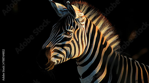   A tight shot of a zebra s head  sun illuminating its nape