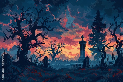 Envision a haunting landscape in digital pixel art, depicting cursed lands with eerie glowing mist, twisted trees, and foreboding shadows , 2D Digital Vector Children s Illustration photo