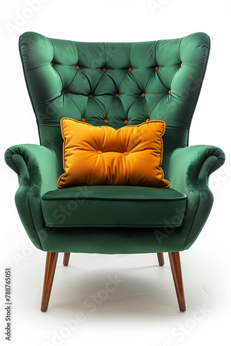modern emerald armchair with orange pillow  isolated on the white background © Kateryna Kordubailo