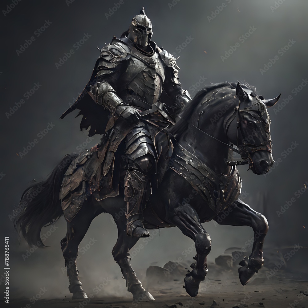 Cavaliere nero in armatura su cavallo corazzato, antichi giochi da giostra