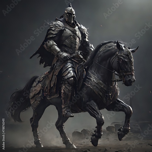 Cavaliere nero in armatura su cavallo corazzato, antichi giochi da giostra photo