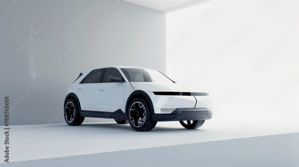 Non-existent brand-less generic concept white sport electric car on white background. Automobile futuristic technology concept . 3D illustration rendering