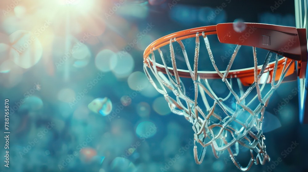 A closeup of a basketball falling through the net to score points