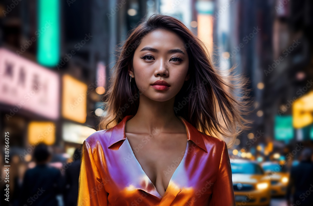Asian model walking through the streets at night, wearing a high-fashion outfit crafted from metallic textures