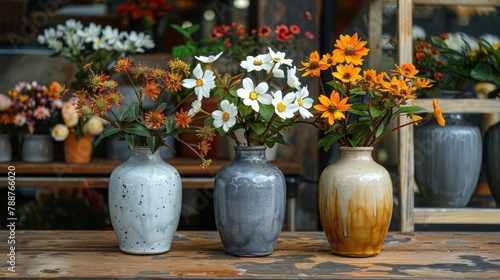   Three vases  each holding flowers in various colors  sit atop a wooden table