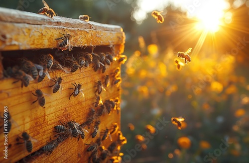 bees at work on honeycomb, ideal for commercial use, embodying the golden hour in nature