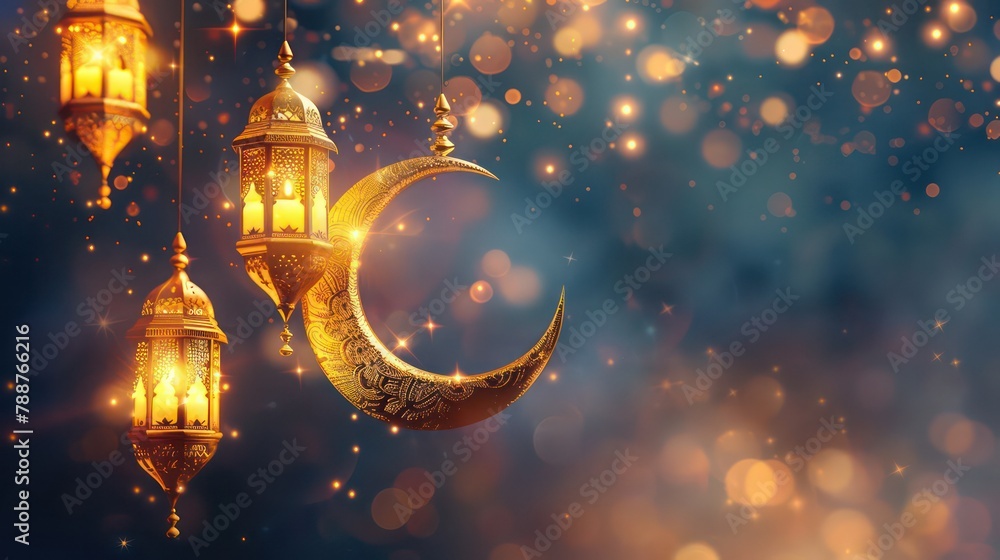 Fototapeta premium beautiful ramadan kareem background with golden crescent moon stars and lanterns for eid mubarak celebration and greeting card