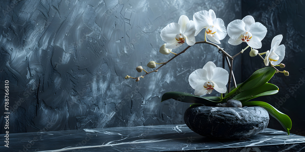 Beautiful tropical white phalaenopsis orchid in black stone pot on dark marble wall background with copy space. Spa center environment, home or office interior, relaxation and wellness concept. - obrazy, fototapety, plakaty 