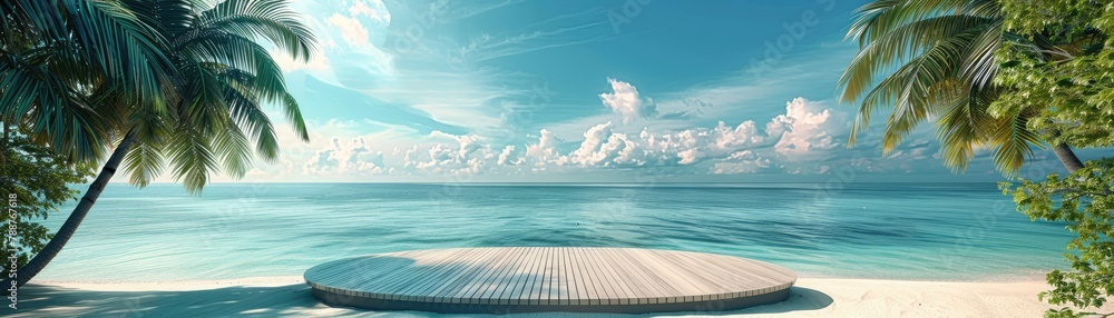Circular platform on a serene tropical beach setting with palm trees, soft tones, fine details, high resolution, high detail, 32K Ultra HD, copyspace