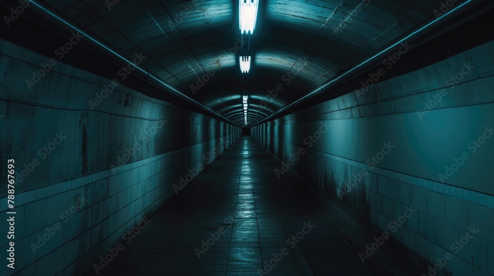 Dark and creepy underground tunnel with no people and artificial lighting