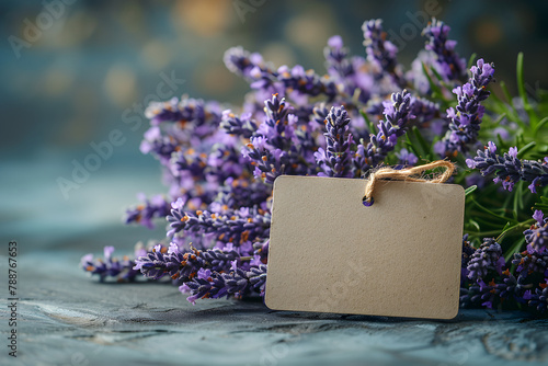 Empty rectangle label mockup with purple lavender flowers. Blank price, gift, sale, designation, ​indication, medicine, cosmetics, title or gift tag template with flowers background.
