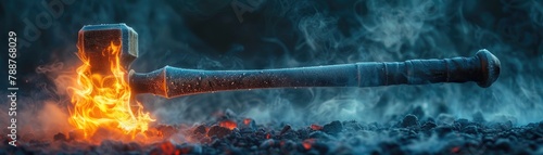Gavel on fire with a frosty handle in a dramatic smoky setting, soft tones, fine details, high resolution, high detail, 32K Ultra HD, copyspace photo