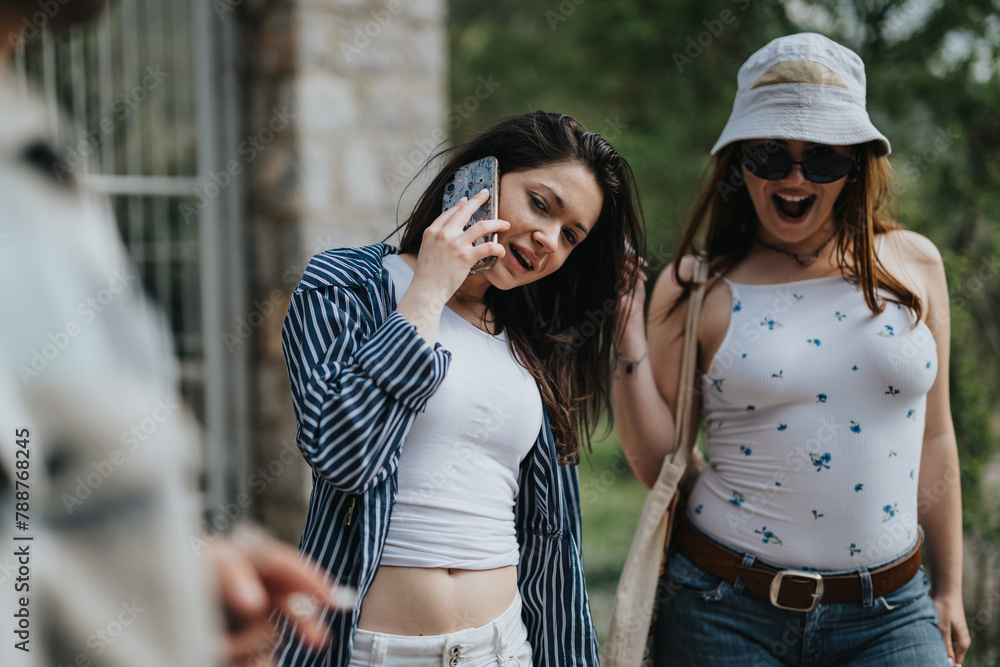 A joyful scene of two young women having fun outdoors, with one taking photos with her smart phone, capturing the laughter and joy of friendship. A joyful scene of two young women having fun outdoors, with one taking photos with her smart phone, capturing the laughter and joy of friendship.