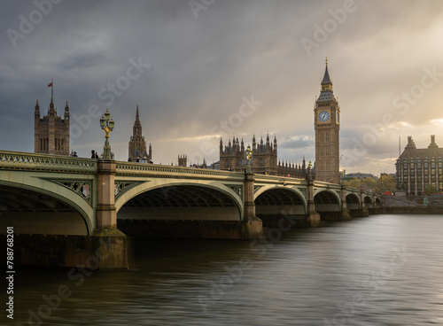 Westminster Bridge   Big Ben  The Houses of Parliament and The River Thames in London England in the warm evening sunshine