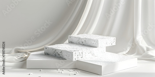 White stone podium scene, presentation platform mockup, stand to show cosmetic product showcase on pedestal display. Wall with white fabric background, minimal presentation with copy space.