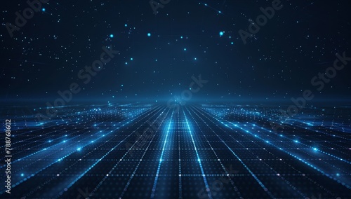 A dark blue background with grid lines and glowing light dots creating an abstract perspective of digital technology Generative AI