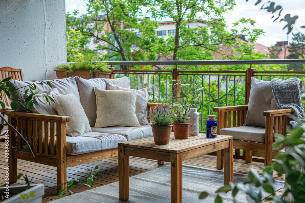 Balcony furnished with wooden furniture. Scandinavian style. Generative AI