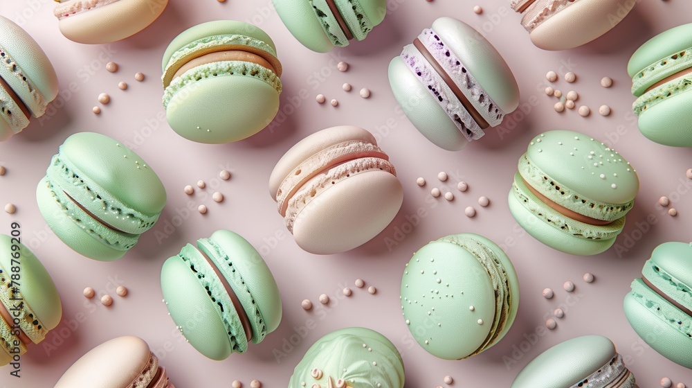 Set of french macaroons in pastel colors isolated on pink background, flat lay, top view Set of french macaroons in pastel colors isolated on pink background, flat lay, top view