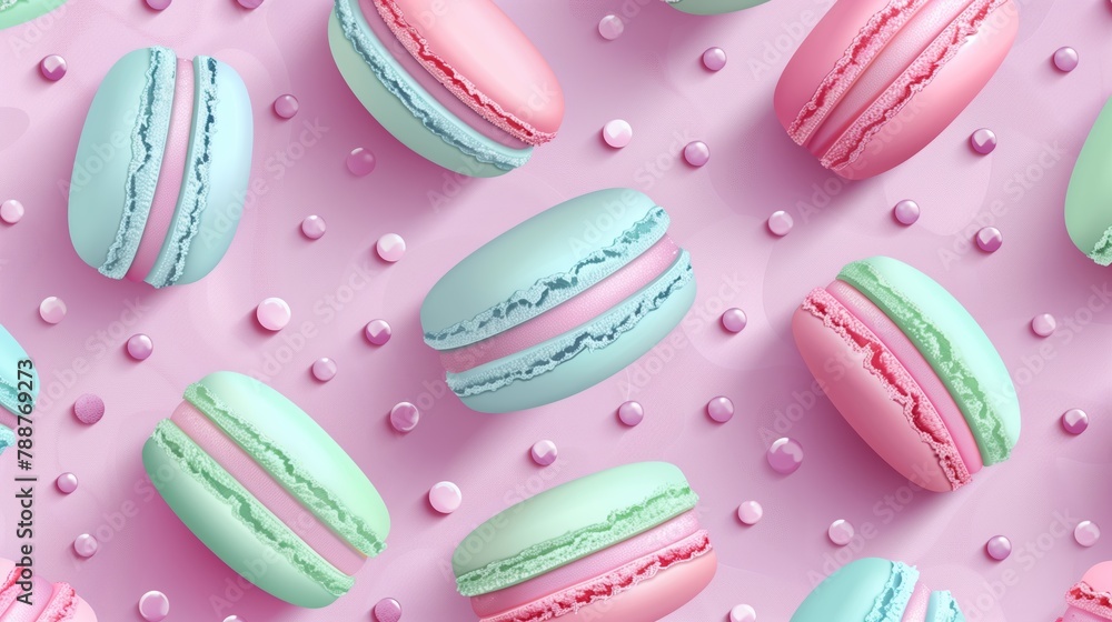 Illustration Set of french macaroons in pastel colors isolated on pink background, flat lay, top view Illustration Set of french macaroons in pastel colors isolated on pink background, flat lay, top view