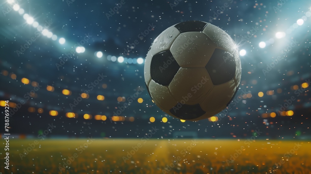 Fototapeta premium Close up of a soccer ball rolling on the playing field on a rainy night. AI Generated