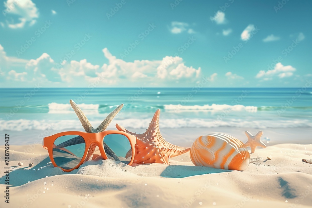 Illustration of relaxing beach scene with sunglasses and starfish on the sand. Generative AI