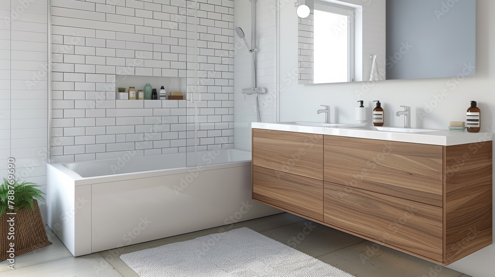 Obraz premium A bathroom with a sink, bathtub and toilet in it, AI