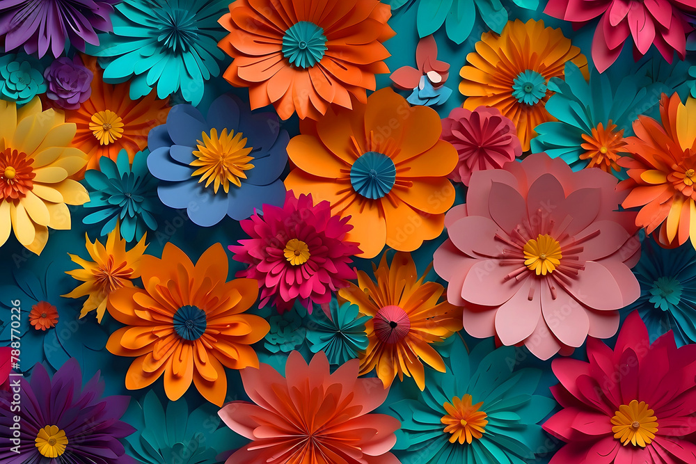 A colorful illustration of paper flowers on a plain background.