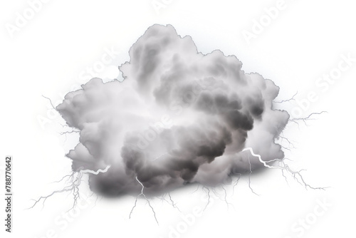 fluffy flying rainy grey cloud PNG with white lightening strikes isolated on a white and transparent background - dramatic floating storm cloud stratosphere fog atmosphere weather concept
