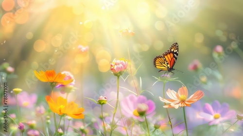 Field of colorful cosmos flower and butterfly in a meadow in nature in the rays of sunlight in summer in the spring close-up of a macro