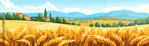 Copy space background Ukrainian village and wheat fields vector cartoon illustration