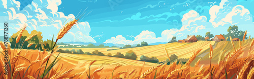 Copy space background Ukrainian village and wheat fields vector cartoon illustration