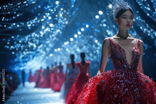 A cinematic shot of a fashion runway, where models strut with confidence, showcasing the latest trends in haute couture and glamour.
