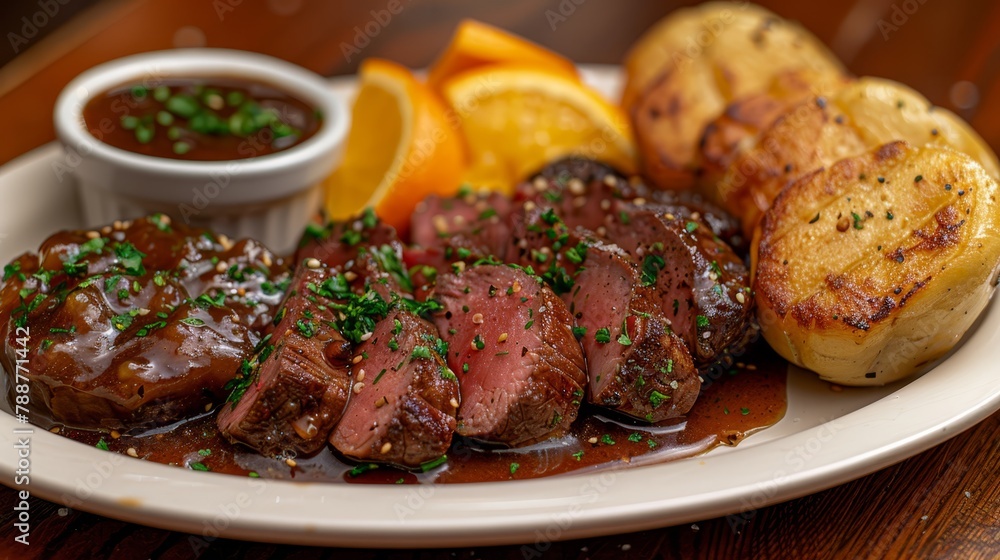 A plate with a steak, potatoes, and gravy A small bowl of dipping sauce nearby A plate with a steak, potatoes, and gravy A small bowl of dipping sauce nearby