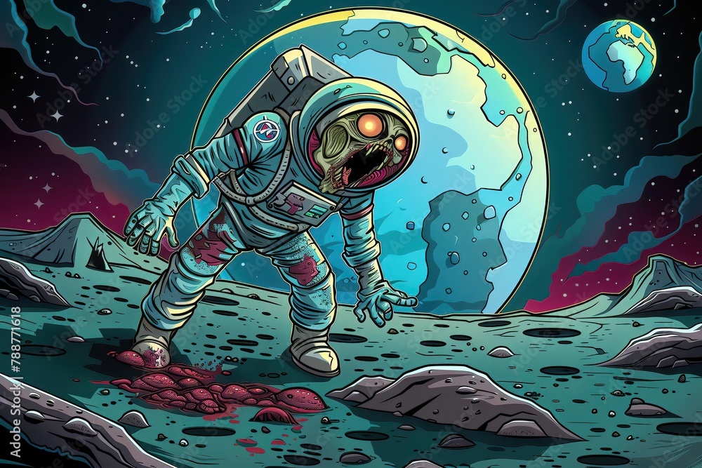 A lone zombie astronaut stands on the moon, the Earth a small blue marble in the distance, their achievement a testament to human ingenuity and perseverance, even in the face of death A lone zombie astronaut stands on the moon, the Earth a small blue marble in the distance, their achievement a testament to human ingenuity and perseverance, even in the face of death