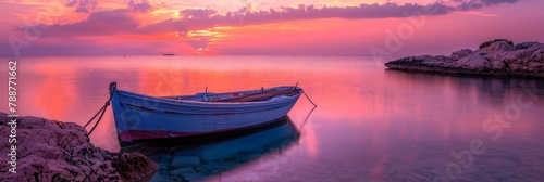 A boat is sitting on the shore of a body of water  AI