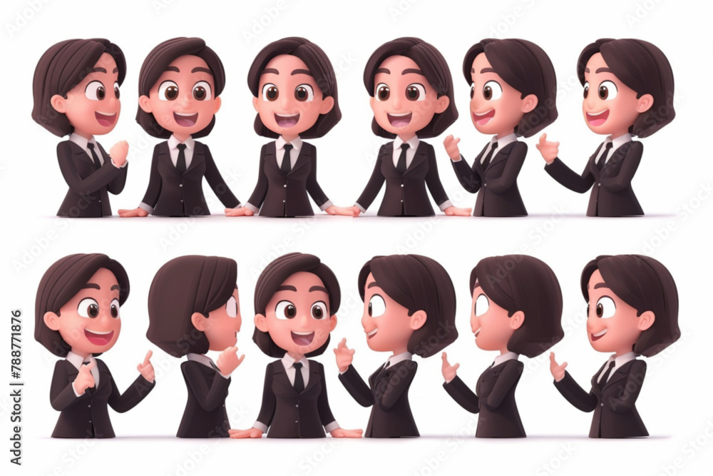Business woman character set. A cute girl thinks, holds a glass of coffee in her hand, talks on the phone, points to the side 3D avatars set vector icon, white background, black colour icon