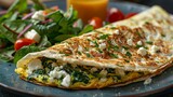 A whole grain wrap filled with a Greek omelette made with spinach and feta cheese, served with a side of fresh salad