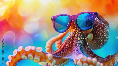 Funny octopus wearing sunglasses in studio with a colorful and bright background